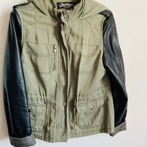 Utility Army Green Jacket with Leather Sleeves